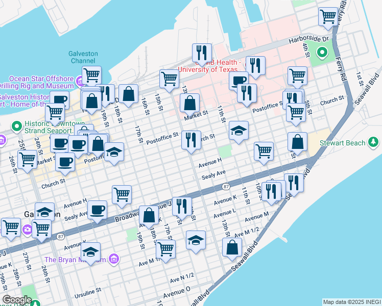 map of restaurants, bars, coffee shops, grocery stores, and more near 1315 Winnie Street in Galveston