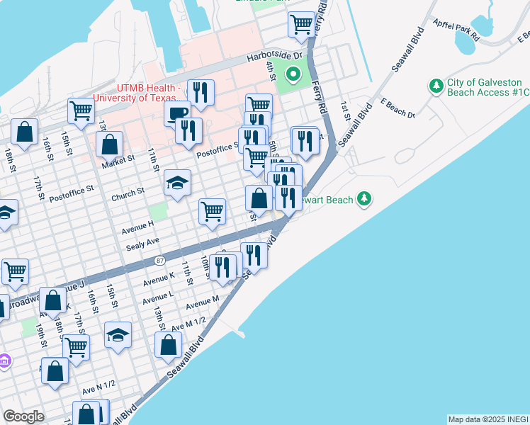 map of restaurants, bars, coffee shops, grocery stores, and more near 602 Broadway Avenue J in Galveston