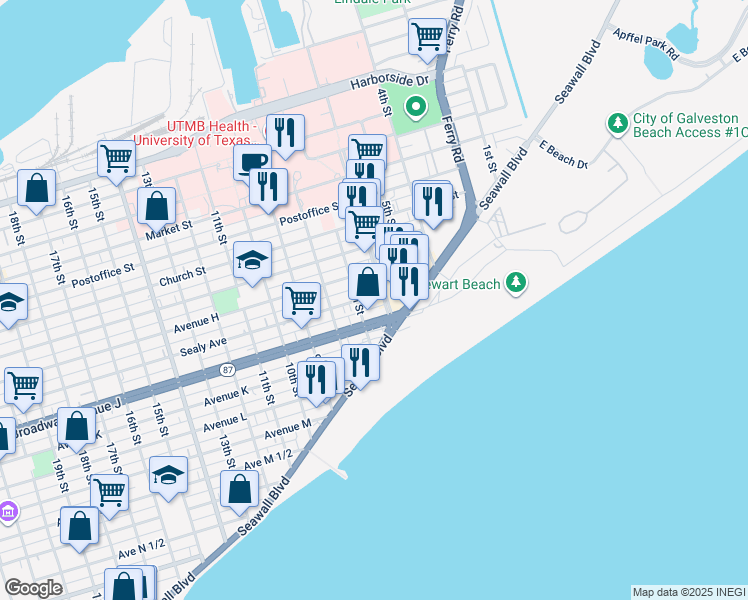map of restaurants, bars, coffee shops, grocery stores, and more near 602 Broadway Avenue J in Galveston