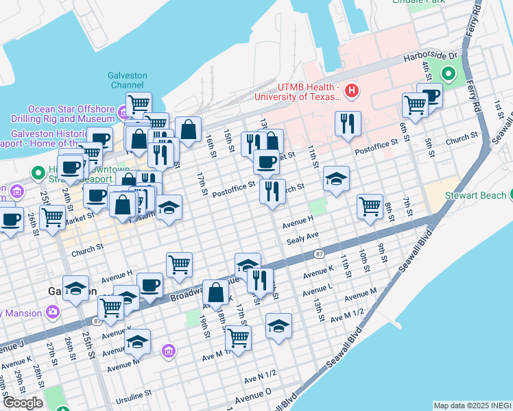 map of restaurants, bars, coffee shops, grocery stores, and more near 1424 Winnie Street in Galveston