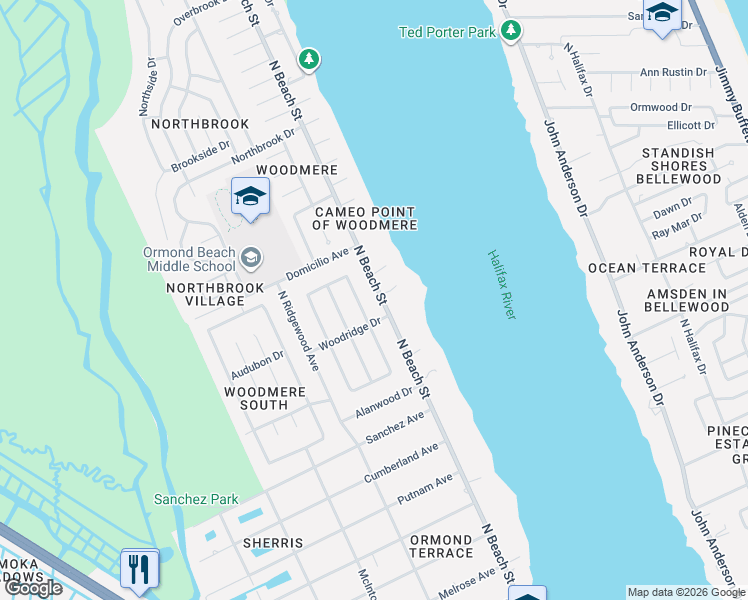 map of restaurants, bars, coffee shops, grocery stores, and more near 799 East River Oak Drive in Ormond Beach