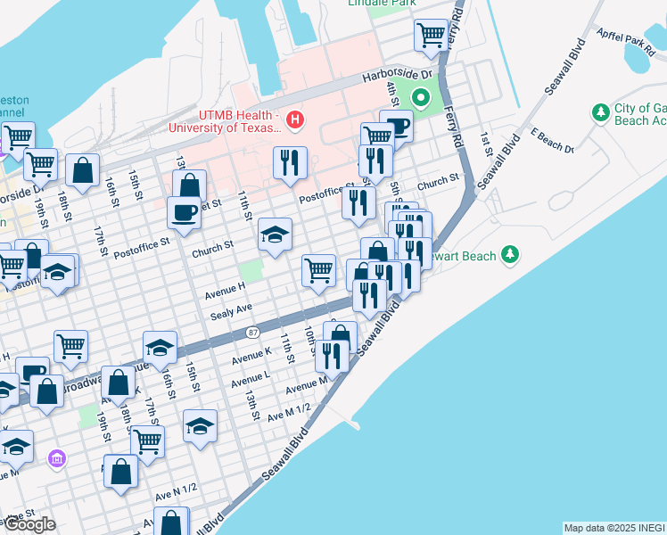 map of restaurants, bars, coffee shops, grocery stores, and more near 805 Ball Street in Galveston