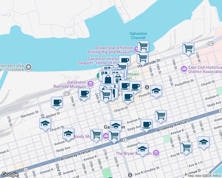map of restaurants, bars, coffee shops, grocery stores, and more near 2411 Mechanic Street in Galveston