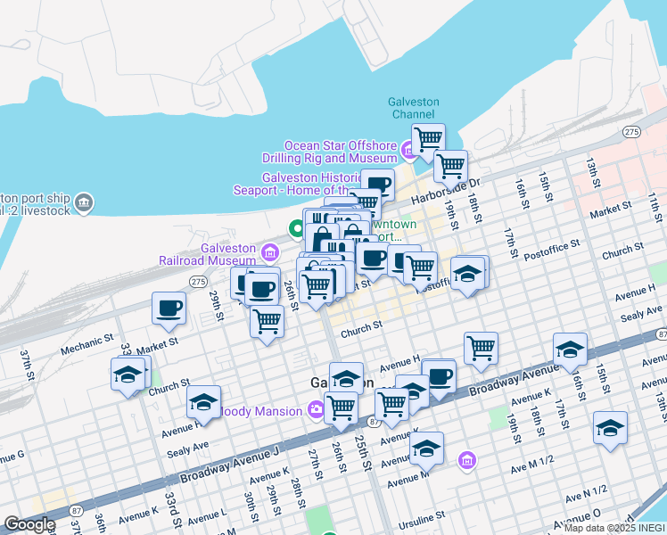 map of restaurants, bars, coffee shops, grocery stores, and more near 2411 Mechanic Street in Galveston