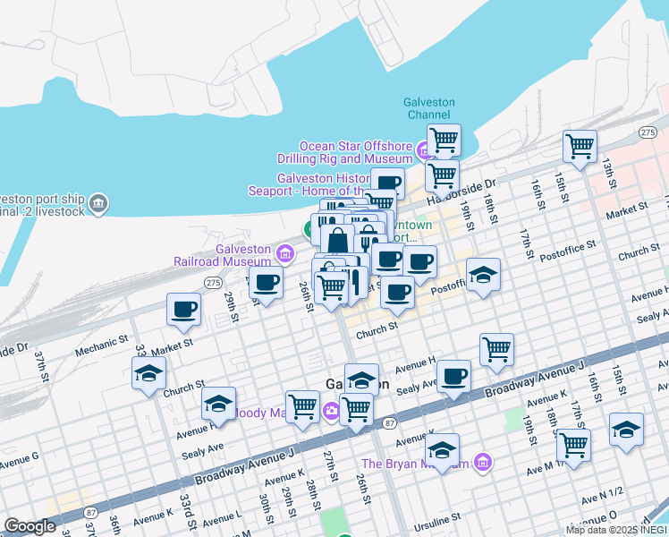 map of restaurants, bars, coffee shops, grocery stores, and more near 2411 Mechanic Street in Galveston