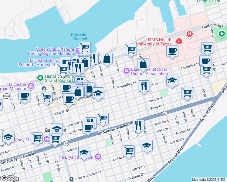 map of restaurants, bars, coffee shops, grocery stores, and more near 1702 Church Street in Galveston