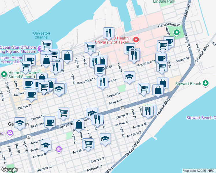 map of restaurants, bars, coffee shops, grocery stores, and more near 1315 Winnie Street in Galveston