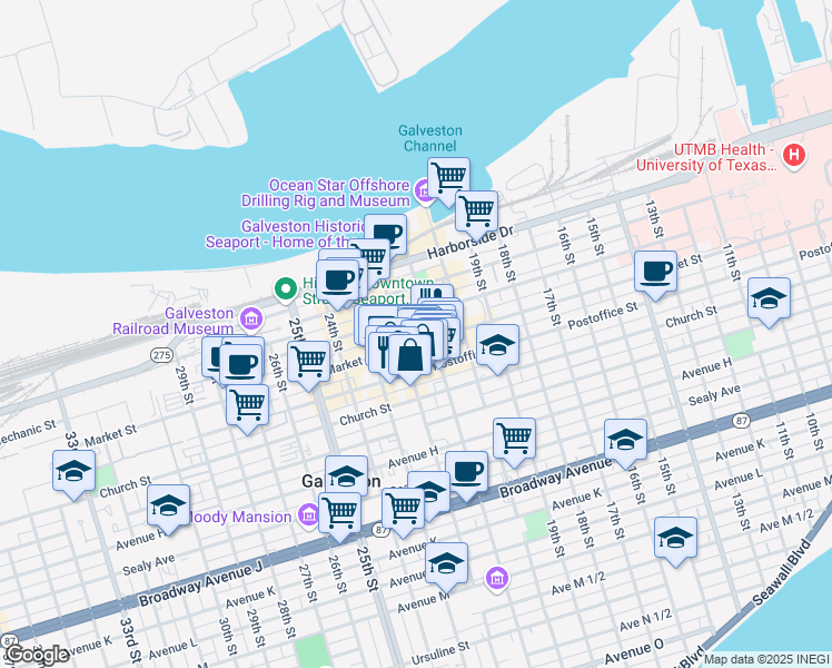 map of restaurants, bars, coffee shops, grocery stores, and more near in Galveston