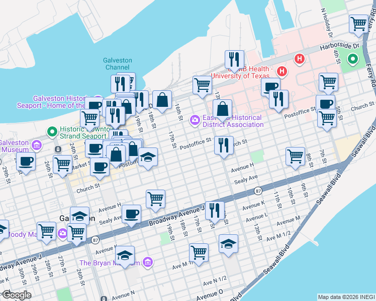 map of restaurants, bars, coffee shops, grocery stores, and more near 1502 Postoffice St in Galveston