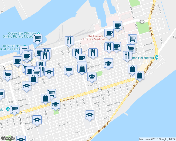 map of restaurants, bars, coffee shops, grocery stores, and more near 611 13th Street in Galveston