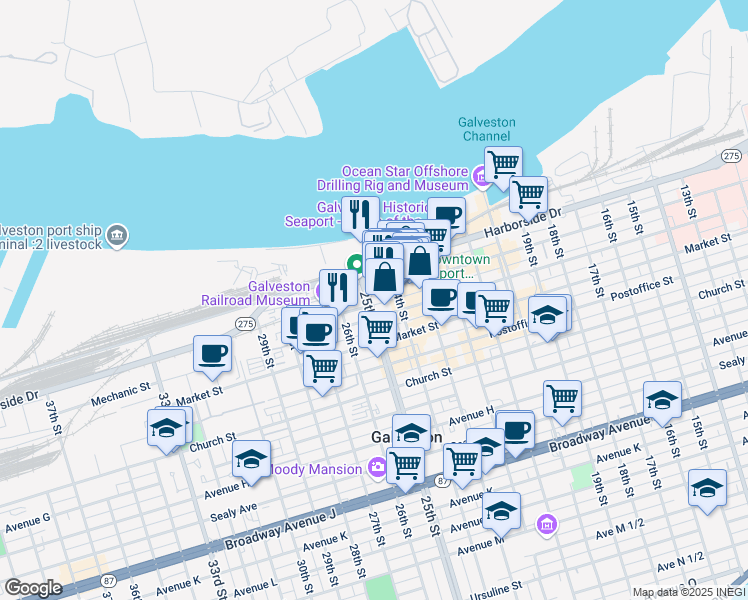 map of restaurants, bars, coffee shops, grocery stores, and more near 111 Rosenberg Street in Galveston
