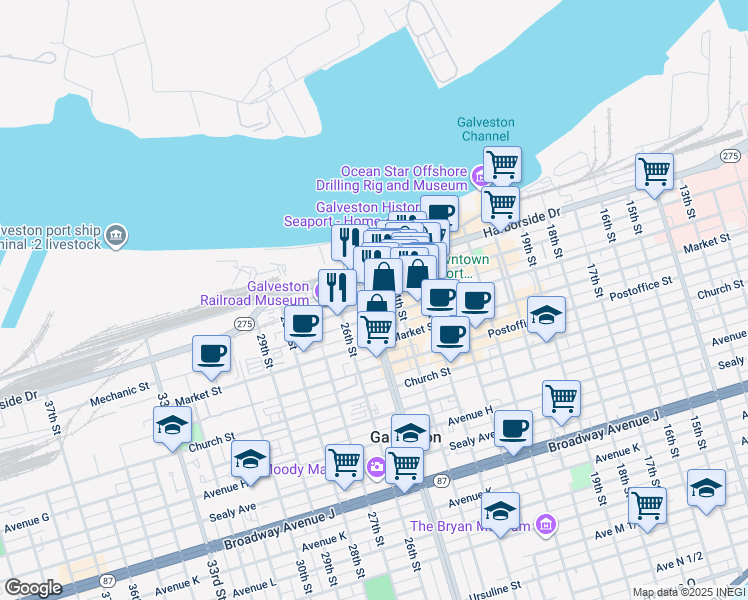 map of restaurants, bars, coffee shops, grocery stores, and more near 202 25th Street in Galveston