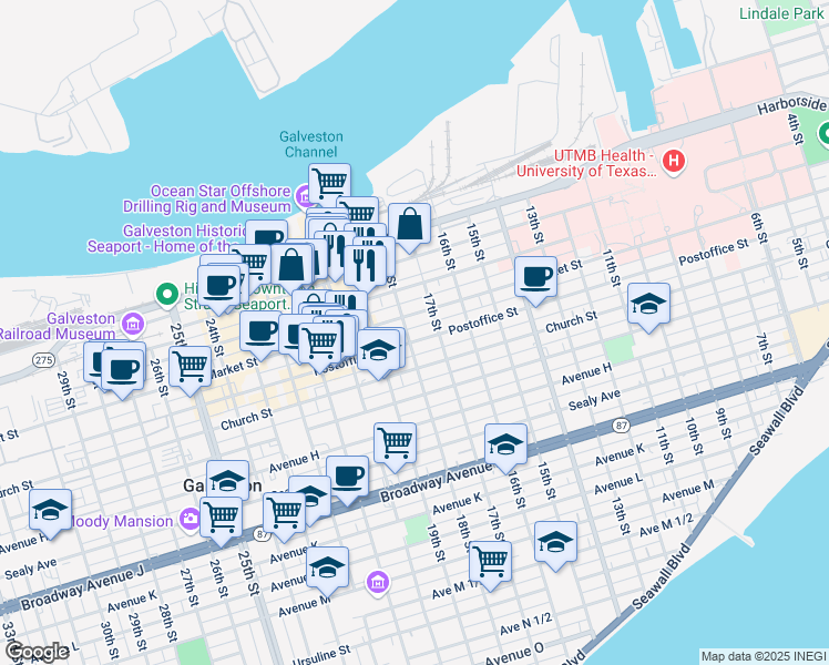 map of restaurants, bars, coffee shops, grocery stores, and more near 1728 Market Street in Galveston