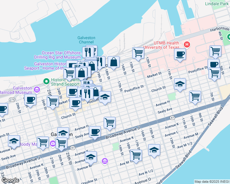 map of restaurants, bars, coffee shops, grocery stores, and more near 1728 Market Street in Galveston