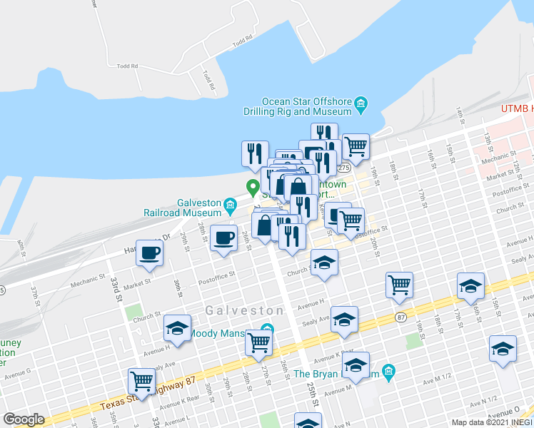 map of restaurants, bars, coffee shops, grocery stores, and more near 111 Rosenberg Street in Galveston