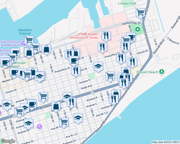 map of restaurants, bars, coffee shops, grocery stores, and more near 1127 Church Street in Galveston