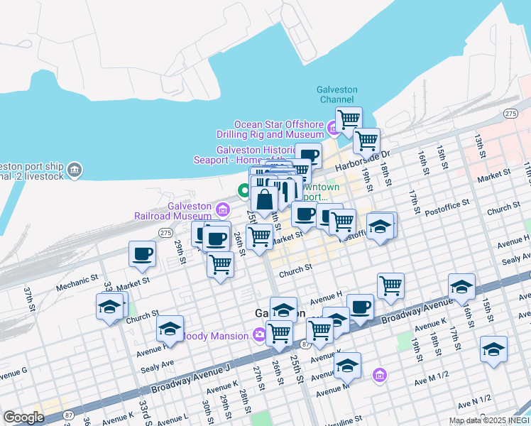 map of restaurants, bars, coffee shops, grocery stores, and more near 2328 Strand Street in Galveston