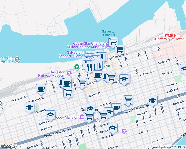 map of restaurants, bars, coffee shops, grocery stores, and more near 2302 Mechanic Street in Galveston