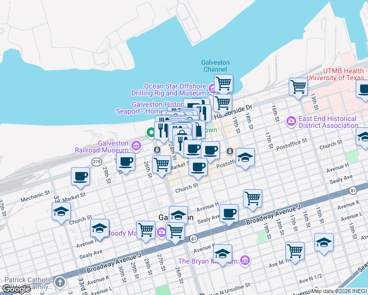 map of restaurants, bars, coffee shops, grocery stores, and more near 2302 Mechanic Street in Galveston