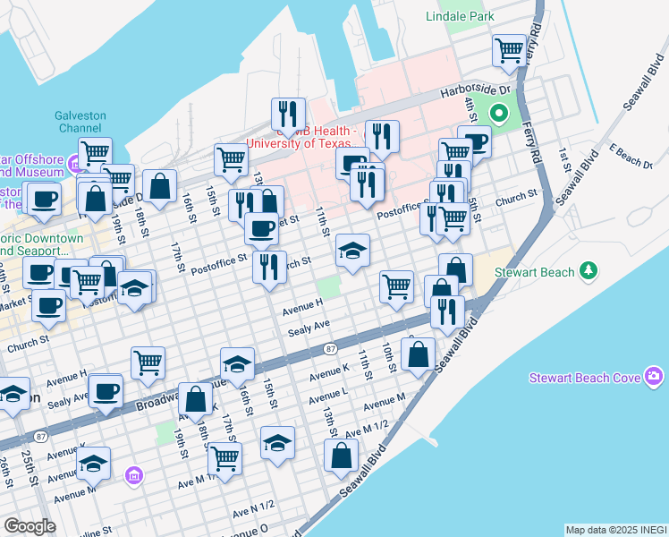 map of restaurants, bars, coffee shops, grocery stores, and more near 1019 Church Street in Galveston