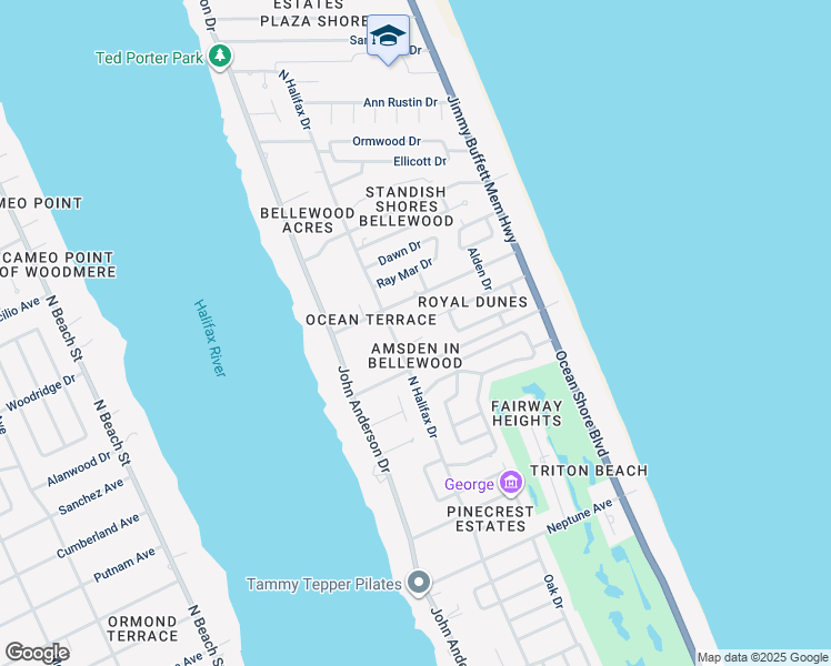 map of restaurants, bars, coffee shops, grocery stores, and more near 9 Royal Dunes Boulevard in Ormond Beach