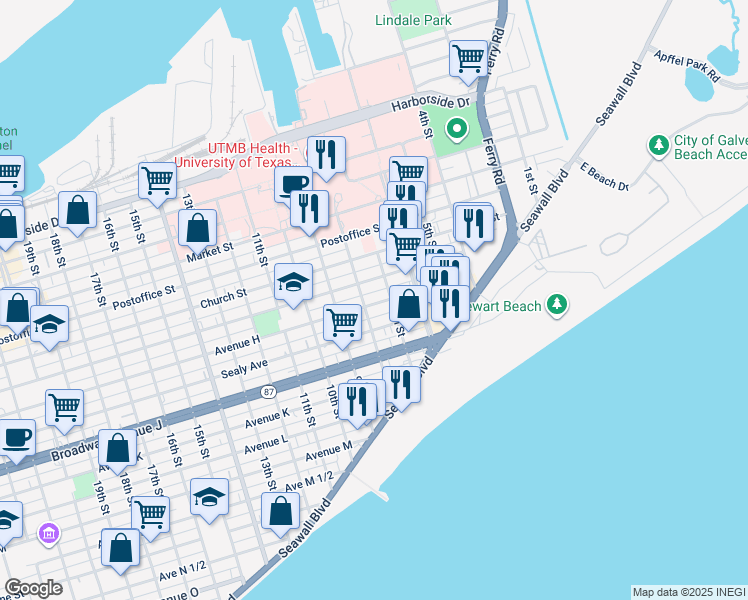 map of restaurants, bars, coffee shops, grocery stores, and more near 721 7th Street in Galveston