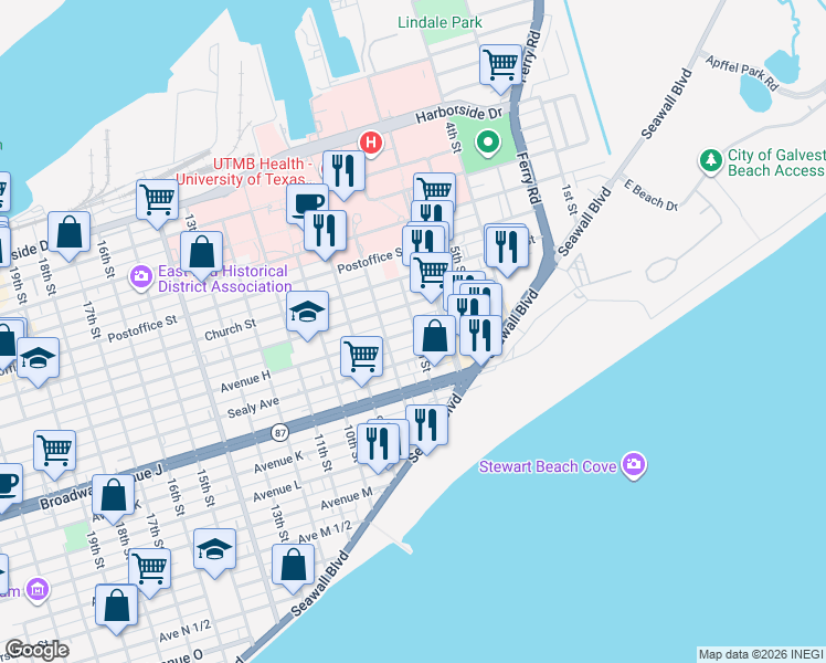 map of restaurants, bars, coffee shops, grocery stores, and more near 721 7th Street in Galveston