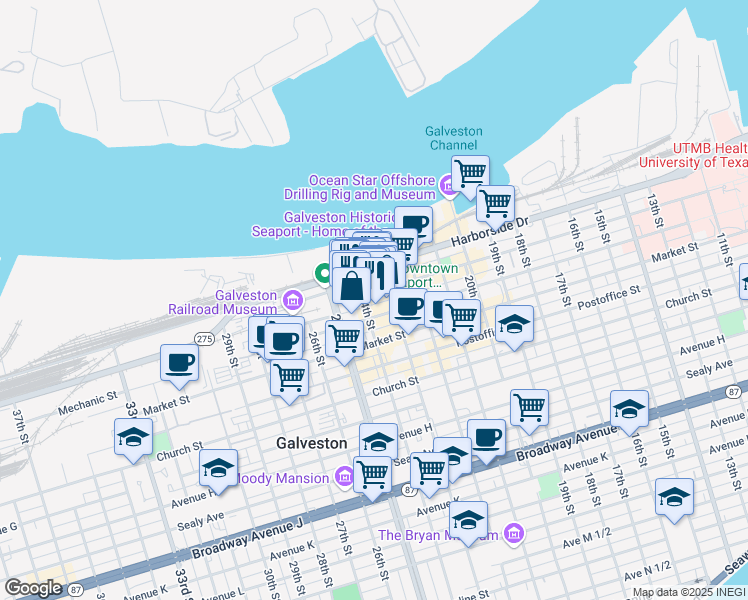 map of restaurants, bars, coffee shops, grocery stores, and more near 2328 Strand Street in Galveston