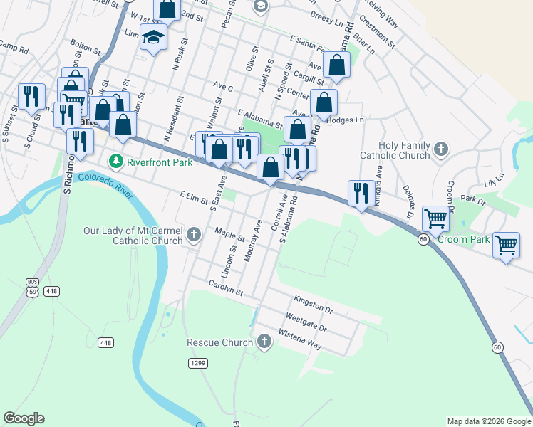 map of restaurants, bars, coffee shops, grocery stores, and more near 201 Moutray Avenue in Wharton