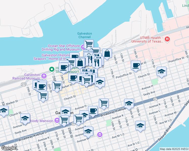 map of restaurants, bars, coffee shops, grocery stores, and more near 1 Moody Avenue in Galveston