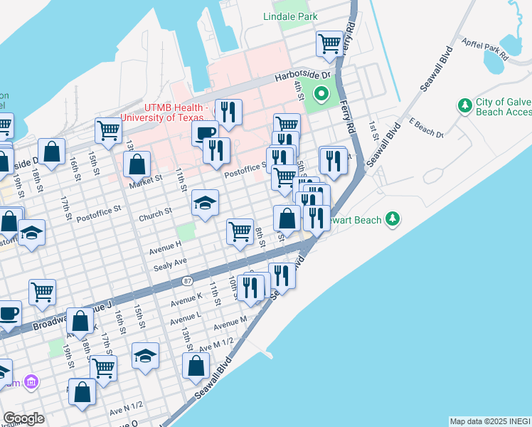 map of restaurants, bars, coffee shops, grocery stores, and more near 710 Avenue H in Galveston