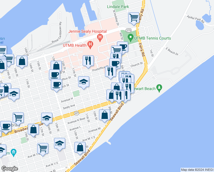 map of restaurants, bars, coffee shops, grocery stores, and more near 721 7th Street in Galveston