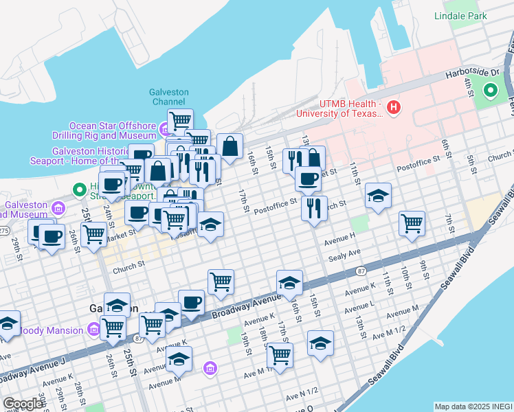 map of restaurants, bars, coffee shops, grocery stores, and more near 1625 Market Street in Galveston