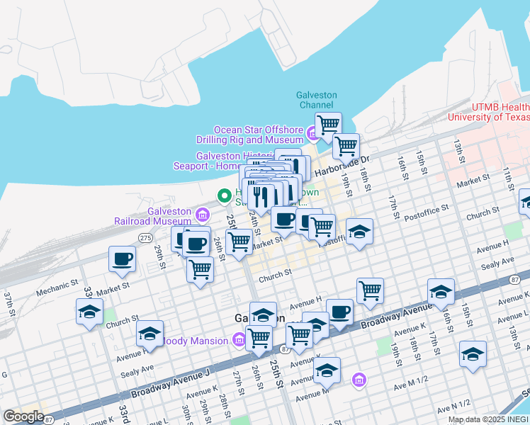 map of restaurants, bars, coffee shops, grocery stores, and more near 2302 Mechanic Street in Galveston