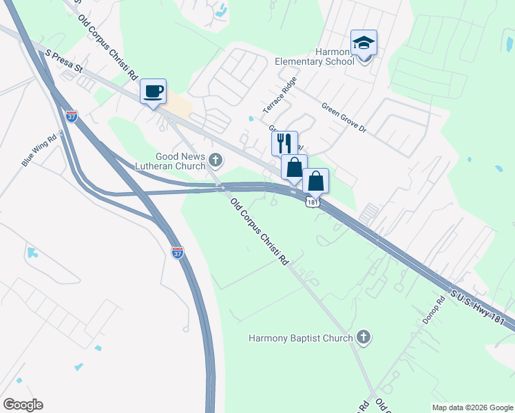 map of restaurants, bars, coffee shops, grocery stores, and more near 11174 Old Corpus Christi Highway in San Antonio