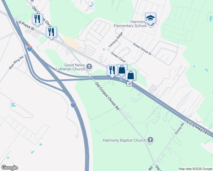 map of restaurants, bars, coffee shops, grocery stores, and more near 11174 Old Corpus Christi Highway in San Antonio