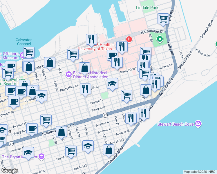 map of restaurants, bars, coffee shops, grocery stores, and more near Church Street Rear in Galveston