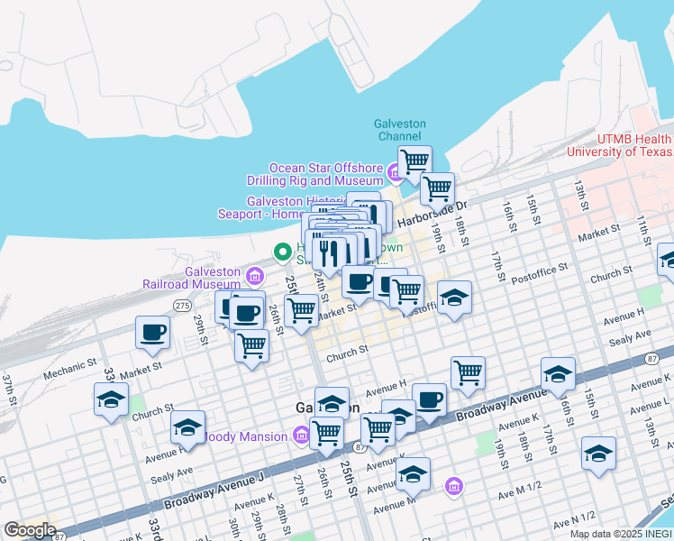 map of restaurants, bars, coffee shops, grocery stores, and more near 2302 Mechanic Street in Galveston