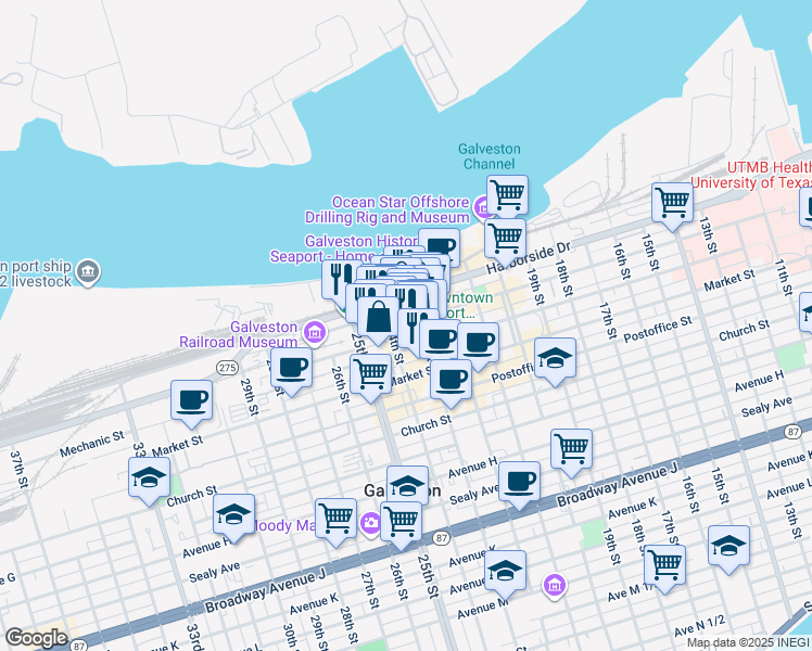 map of restaurants, bars, coffee shops, grocery stores, and more near 2328 Strand Street in Galveston