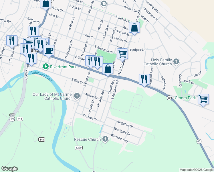 map of restaurants, bars, coffee shops, grocery stores, and more near 201 Moutray Avenue in Wharton