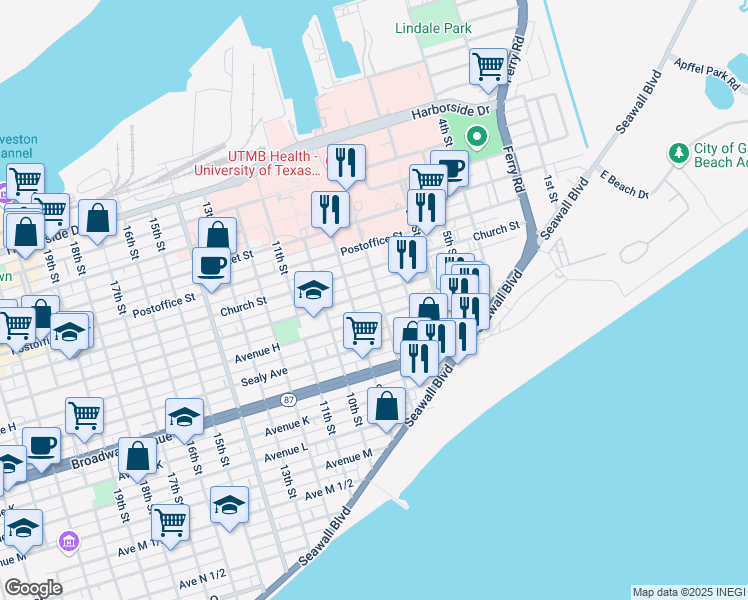 map of restaurants, bars, coffee shops, grocery stores, and more near 711 8th Street in Galveston