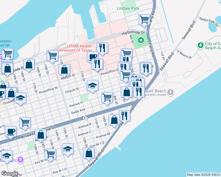 map of restaurants, bars, coffee shops, grocery stores, and more near 711 Saint Marys Boulevard in Galveston