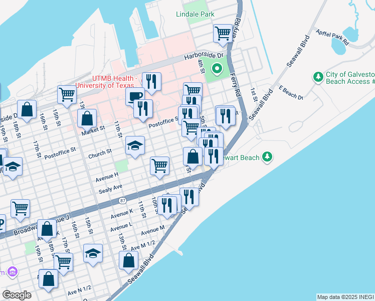 map of restaurants, bars, coffee shops, grocery stores, and more near 721 7th Street in Galveston