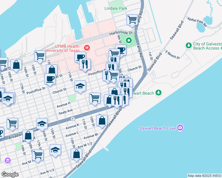 map of restaurants, bars, coffee shops, grocery stores, and more near 721 7th Street in Galveston