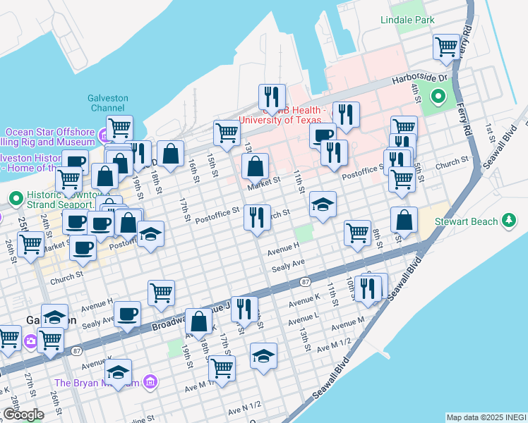 map of restaurants, bars, coffee shops, grocery stores, and more near 515 13th Street in Galveston