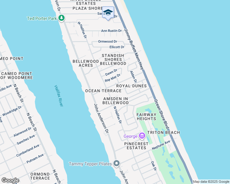 map of restaurants, bars, coffee shops, grocery stores, and more near 9 Royal Dunes Boulevard in Ormond Beach
