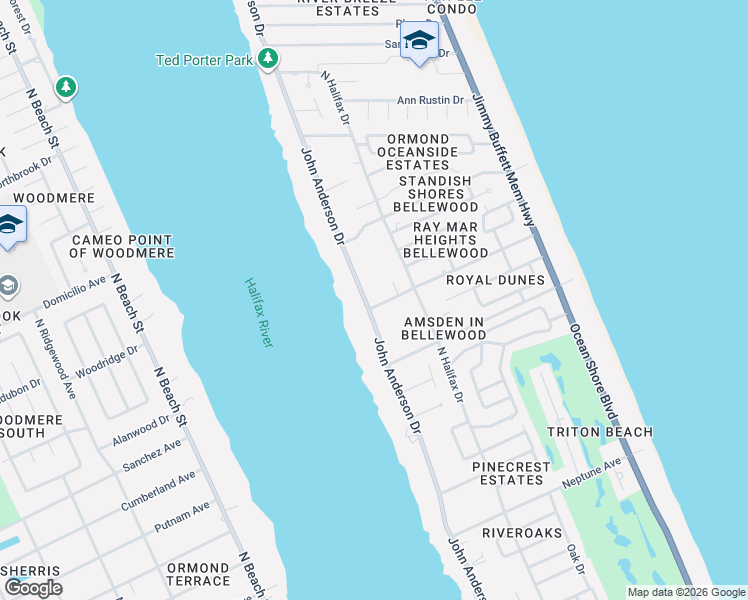 map of restaurants, bars, coffee shops, grocery stores, and more near 697 John Anderson Drive in Ormond Beach