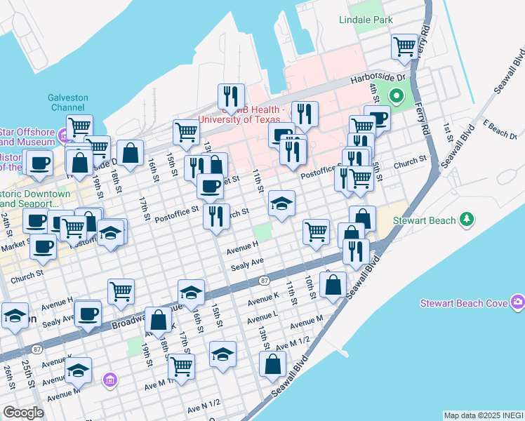 map of restaurants, bars, coffee shops, grocery stores, and more near 1019 Church Street in Galveston