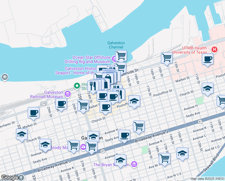 map of restaurants, bars, coffee shops, grocery stores, and more near 2110 Mechanic Street in Galveston