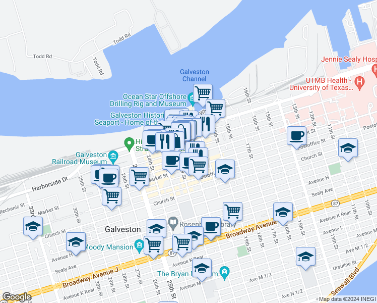 map of restaurants, bars, coffee shops, grocery stores, and more near 2110 Mechanic Street in Galveston